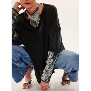 Free People We The Free Sequin Sleeve Layered Top Black Wash S